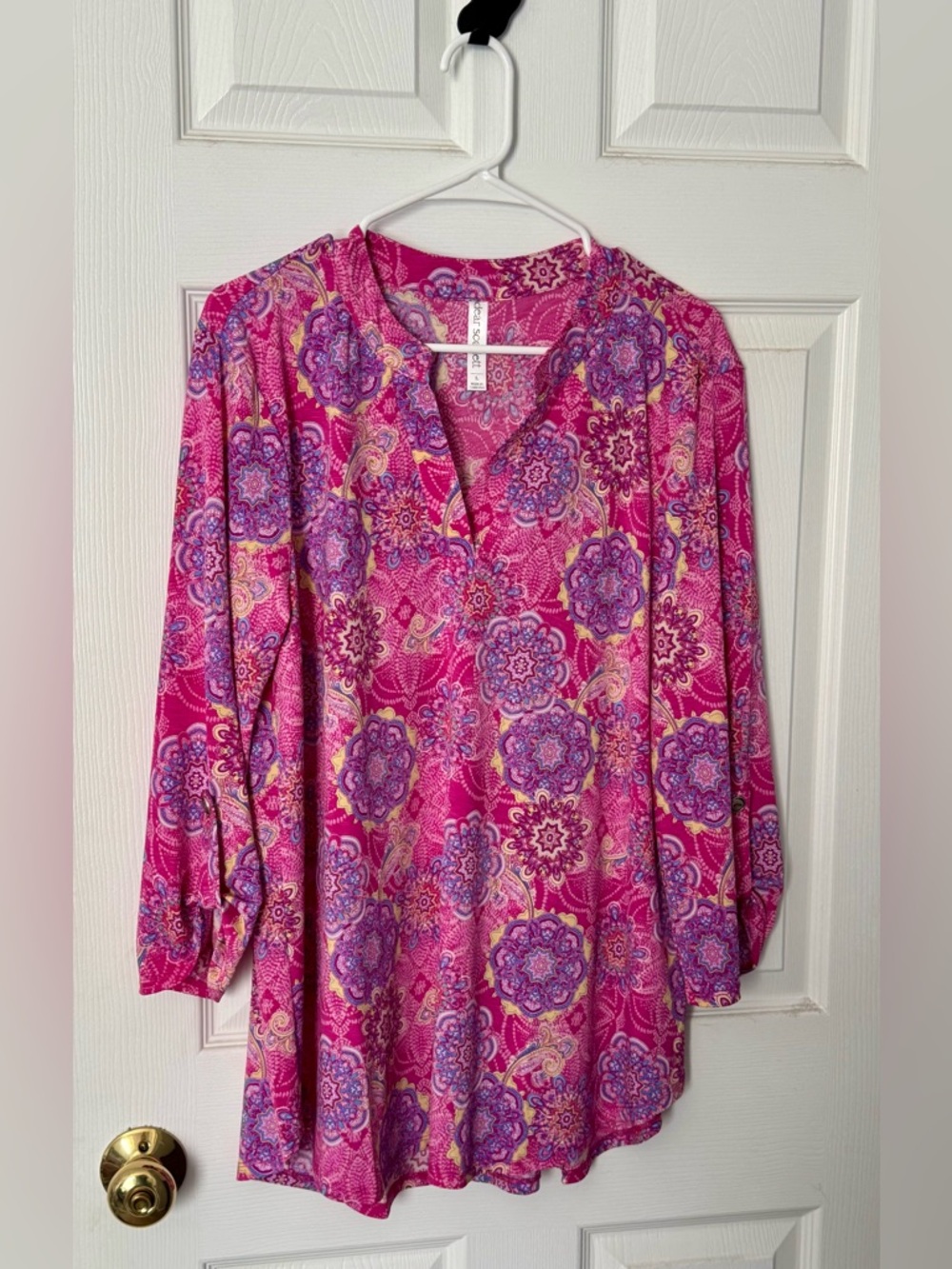 Vibrant Pink Paisley-Print V-Neck Tunic